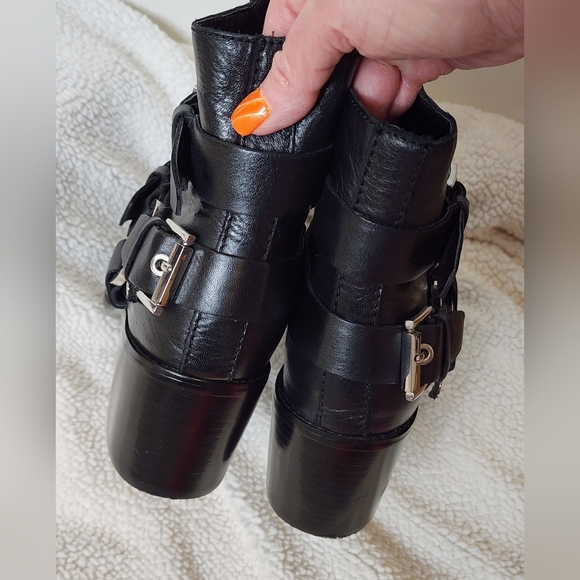 Aldo Black Leather Ankle Boots with Buckle Detail Moto Military Harness Boots - Picture 2 of 14